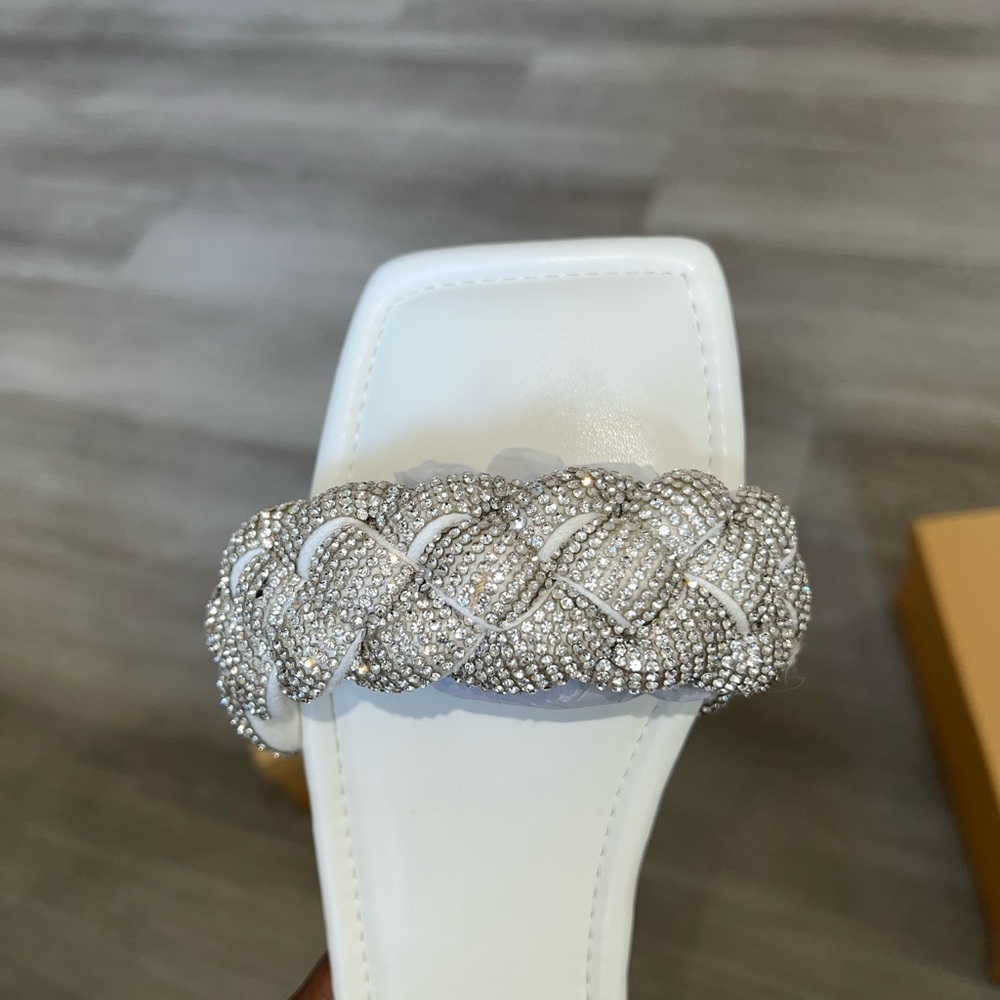 PEARL WHITE WOVEN DIAMANTE STRAP FLAT SANDALS